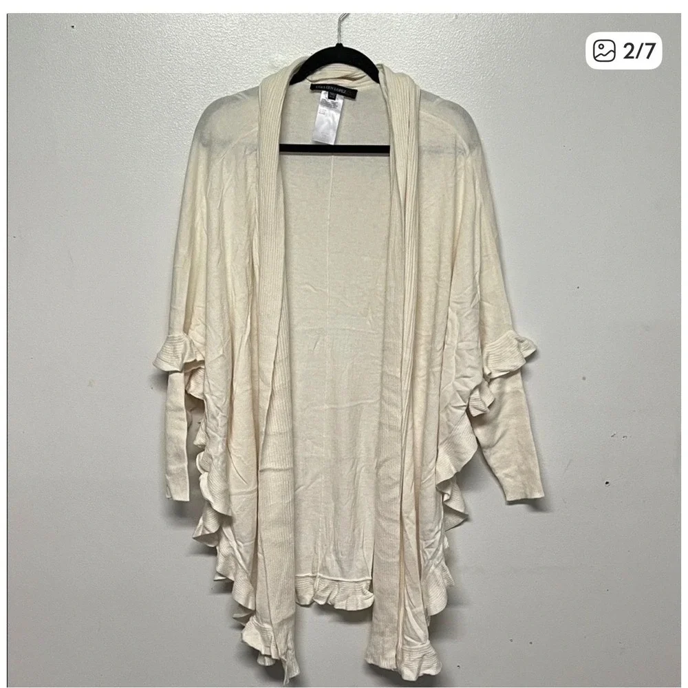 Colleen Lopez Womens Cream Ruffle Open Front Cardigan Ribbed Knit Sweater Ivory